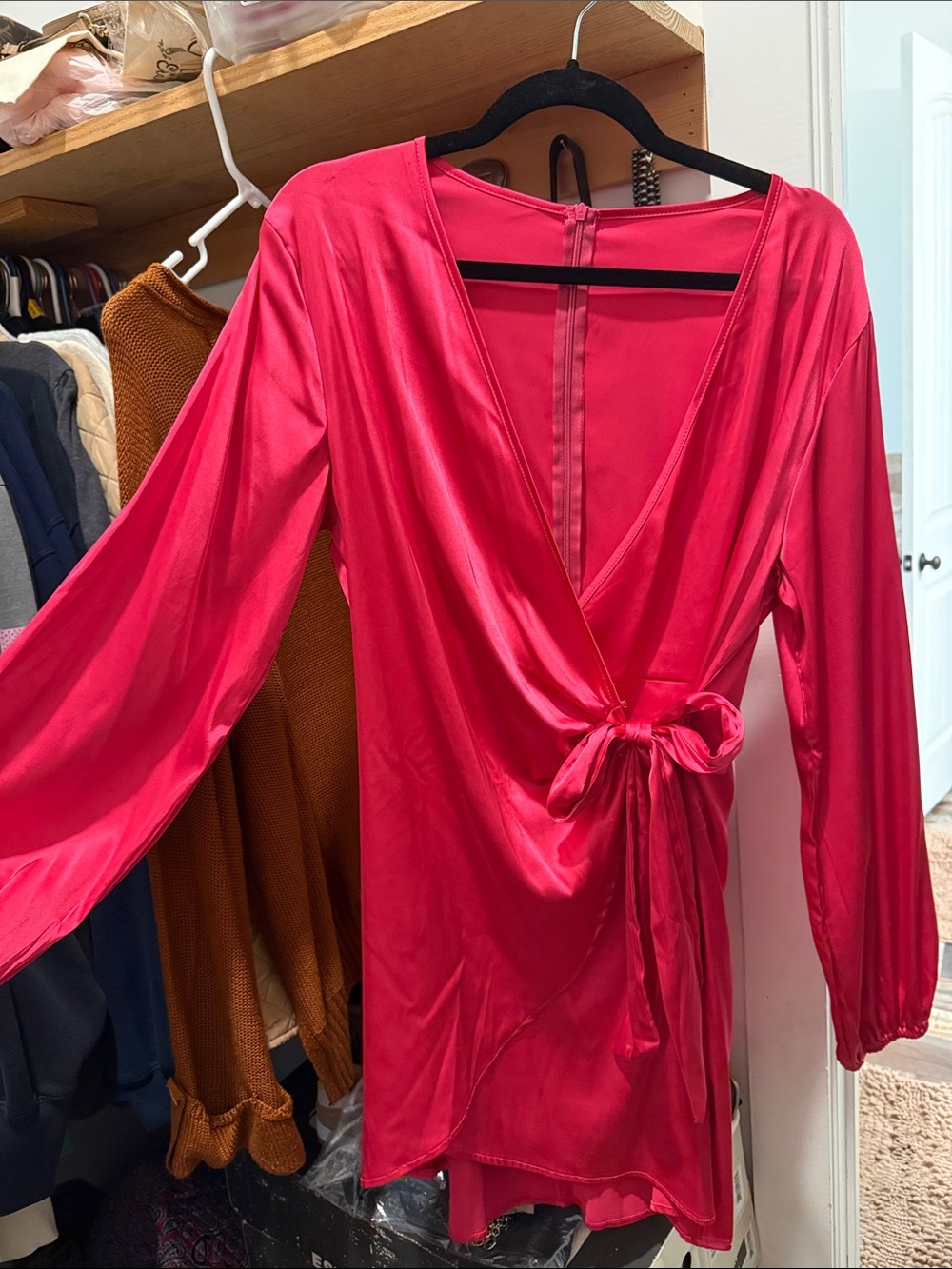 SHEIN Hot Pink Satin Wrap Mini Dress